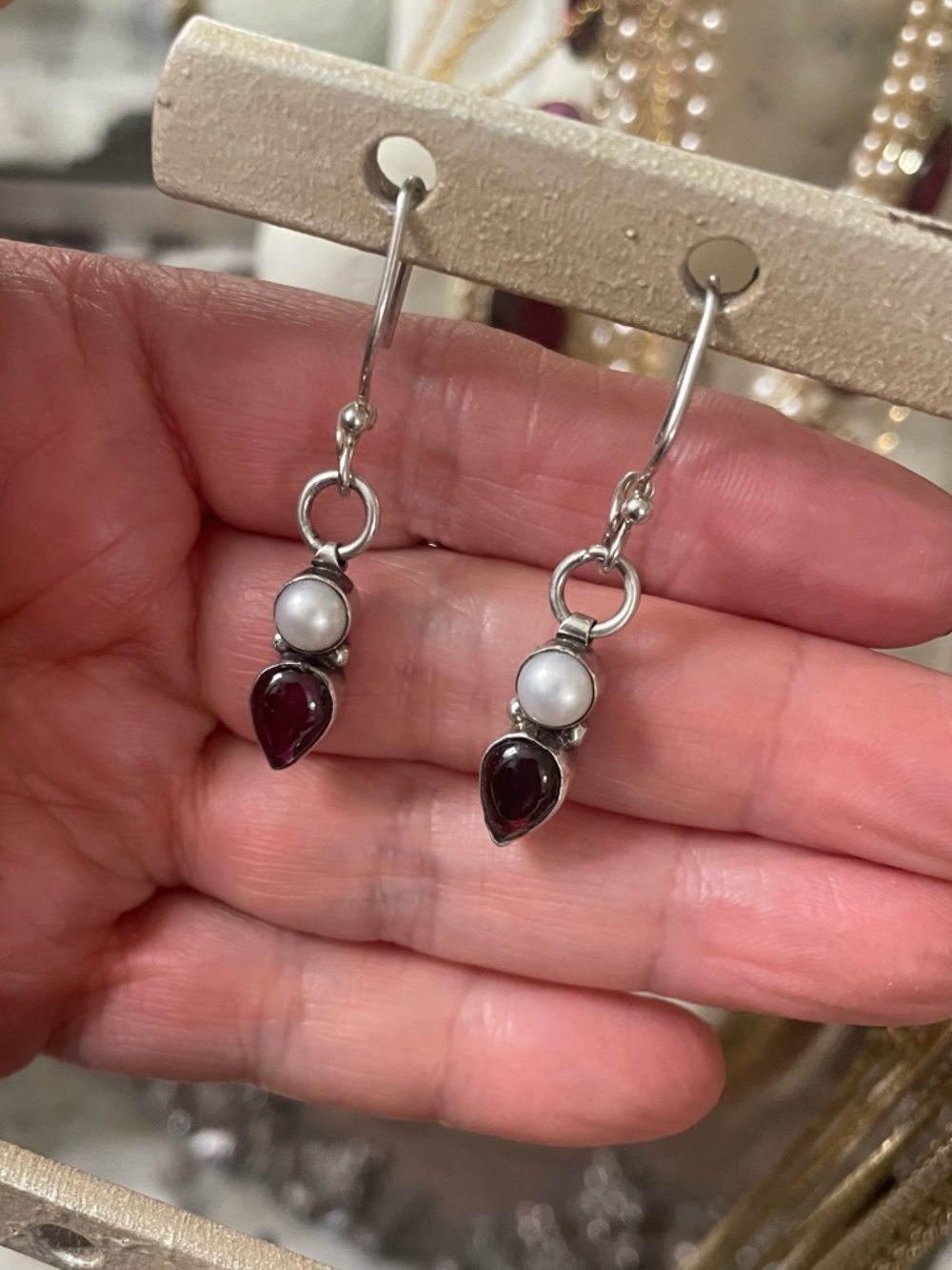 Sterling 925 Pearl and Garnet Teardrop Dangle Hook Earrings 1.5” Drop
